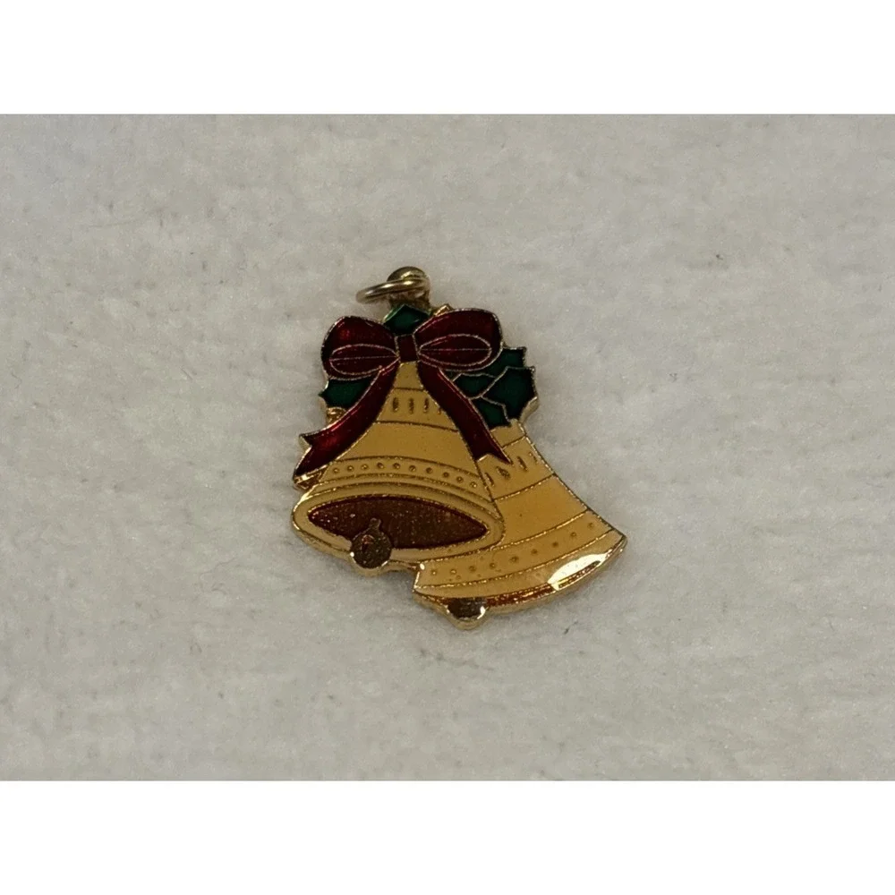 Vintage Christmas Bells Enamel Pendant Charm Holiday Jewelry‎ Red Bow Metal 1.5